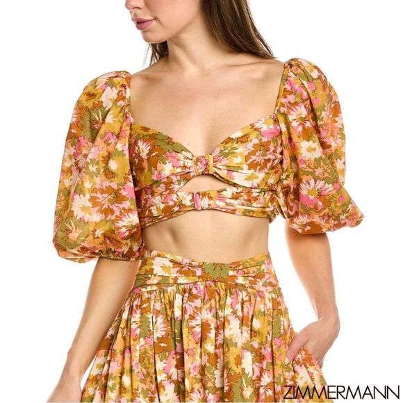 ZIMMERMANN Violet Twist Front Puff Sleeve Crop Top in Khaki Multi Floral - Picture 8 of 16